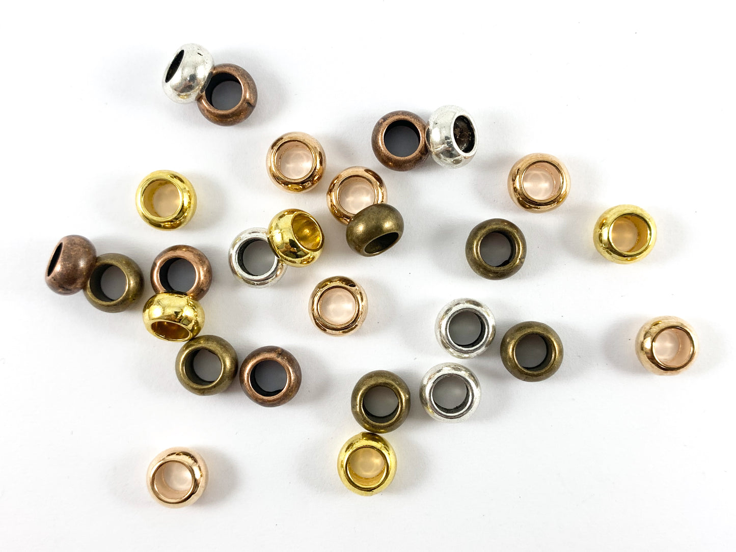 Pewter Base Metal Shiny Smooth Rondelle Large Hole Spacer Beads Rosy Gold, Gold, Silver, Bronze, Copper 125 Grams Bag