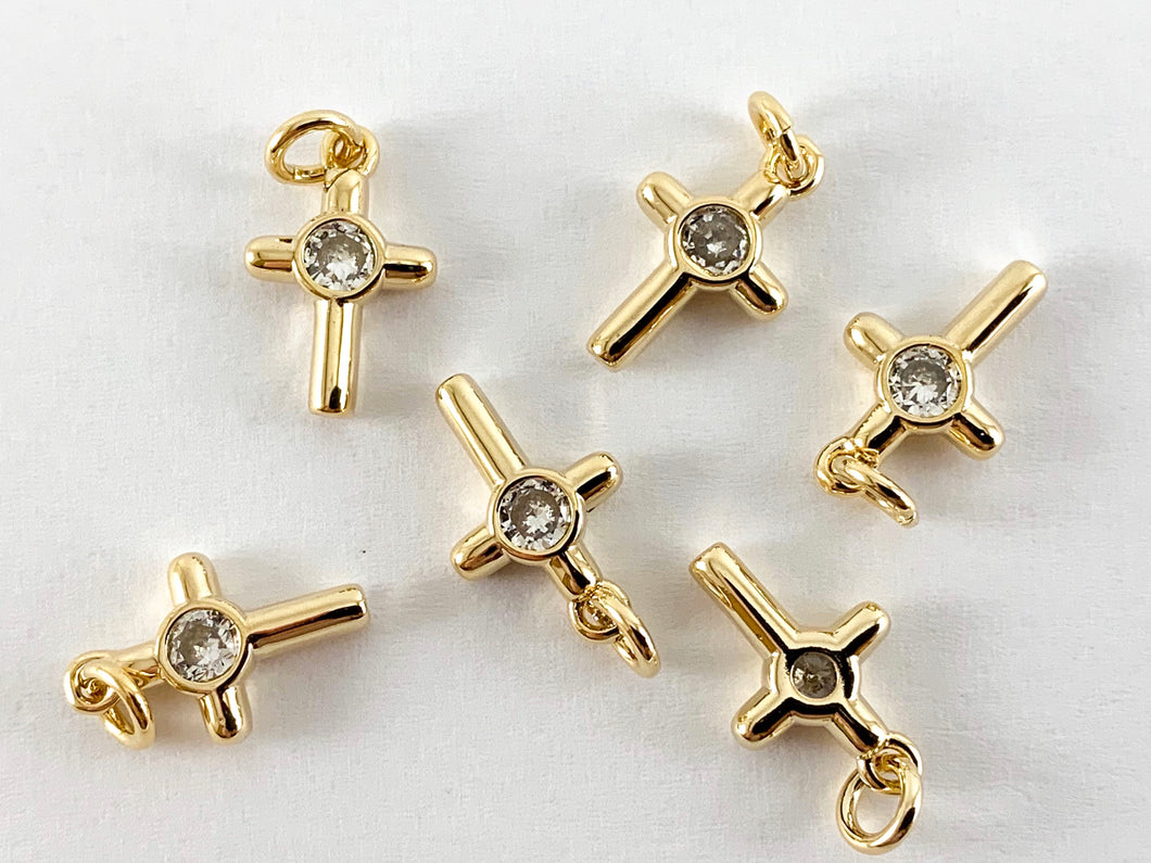 Real Gold 18K Plated Micro CZ  Pave Cross Charm Over Brass 10PCS