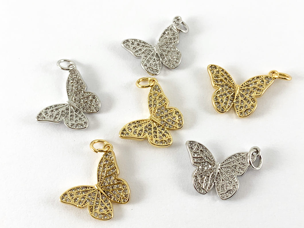 Real Gold 18K Plated CZ Pave Butterfly Charms Over Brass 4PCS