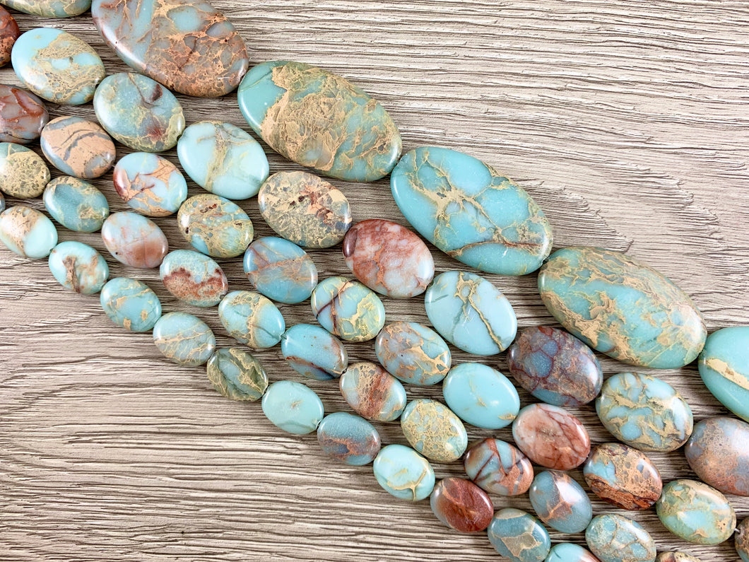 Cuentas de piedras preciosas planas ovaladas Aqua Terra Jasper