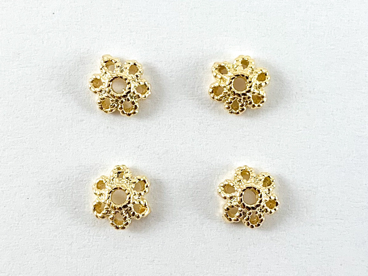 Tapas de cuentas de flores chapadas en oro de 18 quilates, 6 mm, 50 unidades