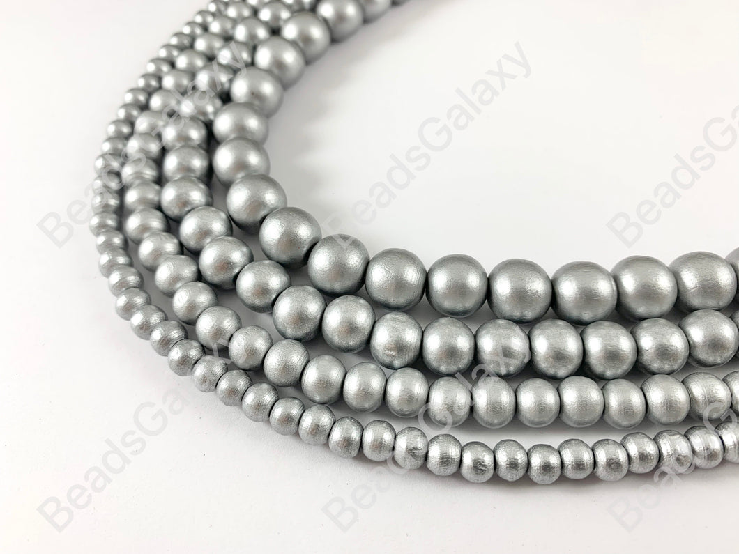 Silver Coated Wood Beads Round Smooth Natural Beads 15