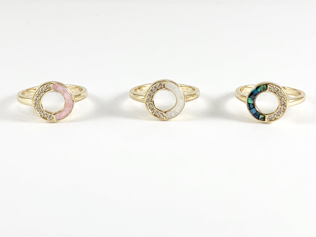 Abalone Shell Circle Ring Pink White Shell Adjustable Open Front Ring in 18K Real Gold Plated Copper 5pcs