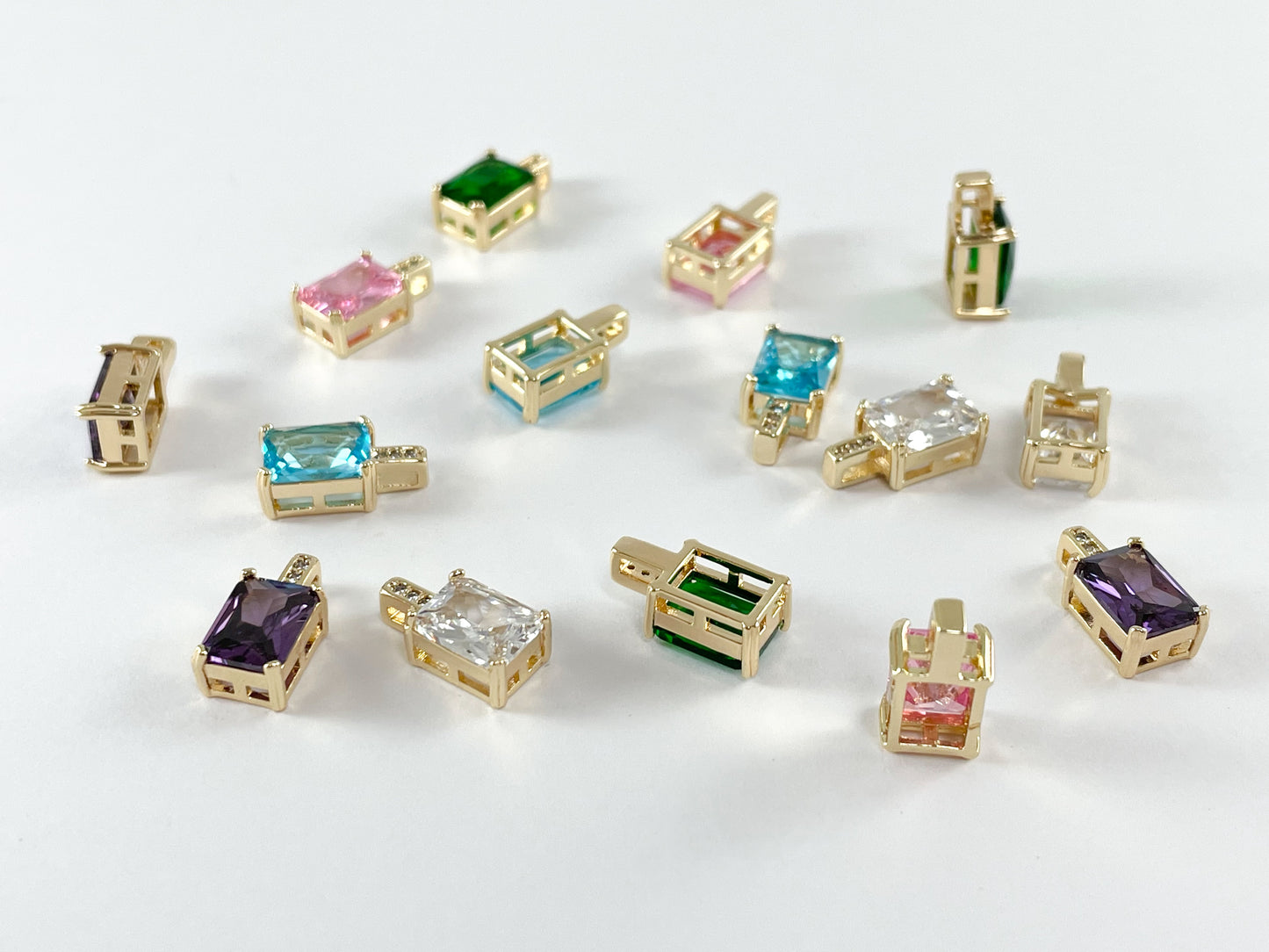 18K Gold Plated CZ Pave Purple Green Clear Pink Blue Rectangle Mini Tiny Baguette Rhinestone Charms Over Copper 6pcs