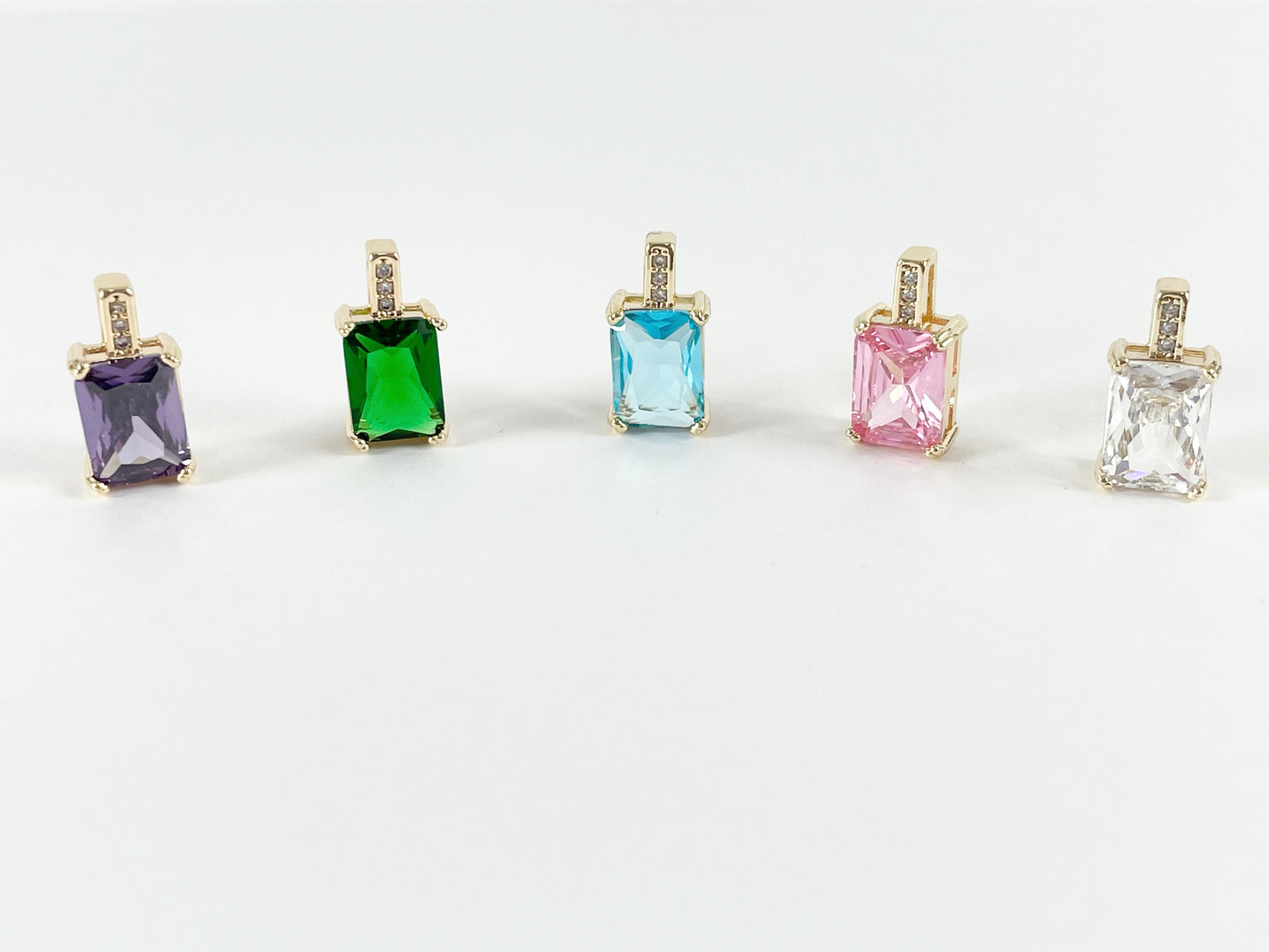 18K Gold Plated CZ Pave Purple Green Clear Pink Blue Rectangle Mini Tiny Baguette Rhinestone Charms Over Copper 6pcs