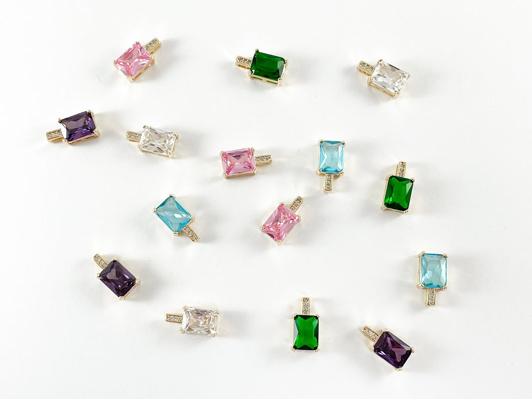 18K Gold Plated CZ Pave Purple Green Clear Pink Blue Rectangle Mini Tiny Baguette Rhinestone Charms Over Copper 6pcs