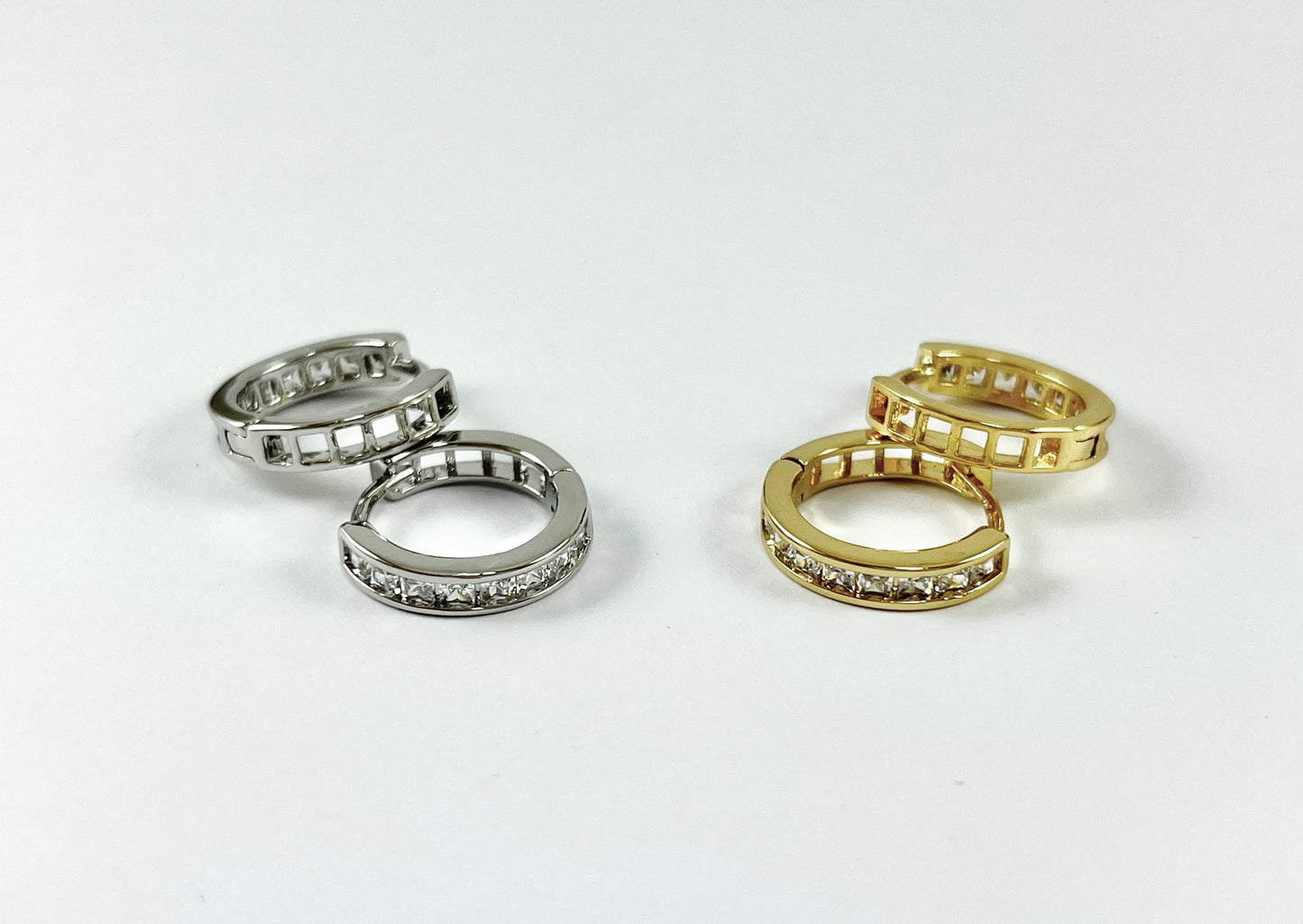 Minimalist Gold Silver CZ Pave Baguette Huggies Real Gold 18K Plated Circle Smooth Earring Huggies 5 pairs