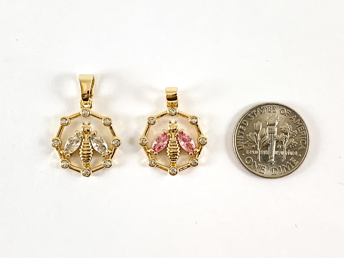 Real 18K Gold Plated CZ Pave Rhinestone Pink Clear Octagon Bee Charms Pendant Over Brass 6pcs