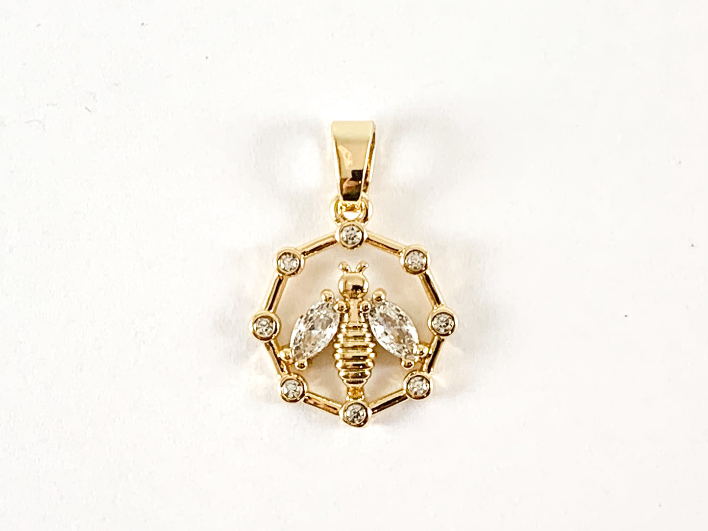 Real 18K Gold Plated CZ Pave Rhinestone Pink Clear Octagon Bee Charms Pendant Over Brass 6pcs