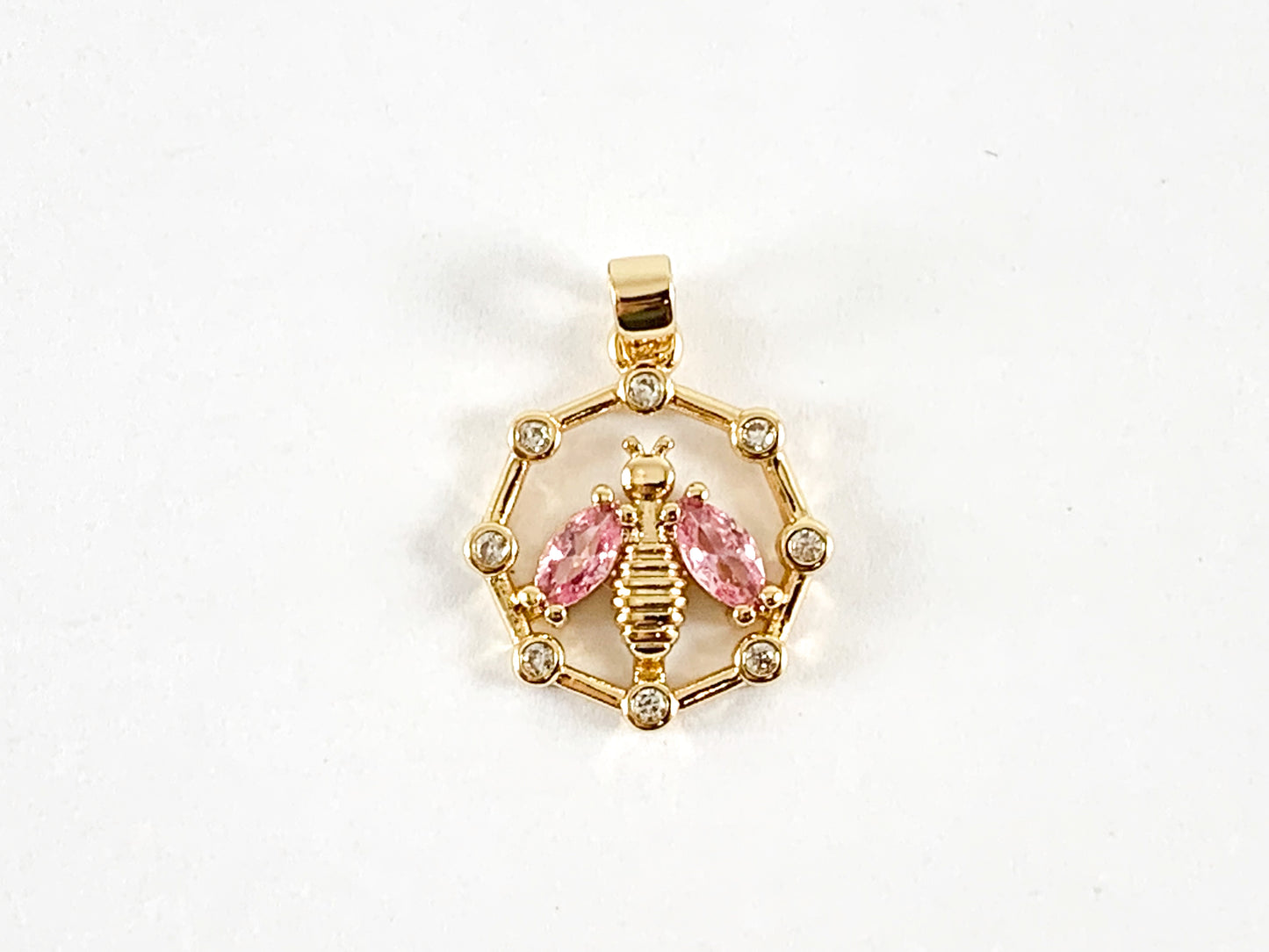 Real 18K Gold Plated CZ Pave Rhinestone Pink Clear Octagon Bee Charms Pendant Over Brass 6pcs