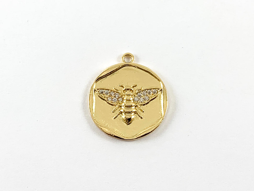 Real Gold 18K Plated CZ Pave Coin Bumble Bee Charm Pendant Over Brass 8pcs