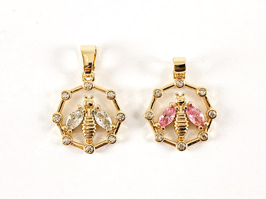 Real 18K Gold Plated CZ Pave Rhinestone Pink Clear Octagon Bee Charms Pendant Over Brass 6pcs