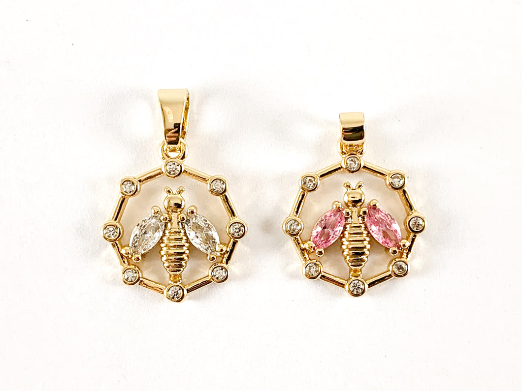 Real 18K Gold Plated CZ Pave Rhinestone Pink Clear Octagon Bee Charms Pendant Over Brass 6pcs