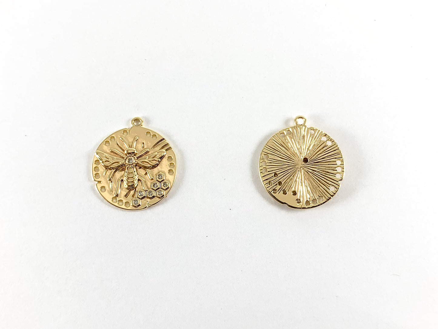 Real Gold 18K Plated Micro CZ Bee Coin Pave Charm Over Brass 8pcs