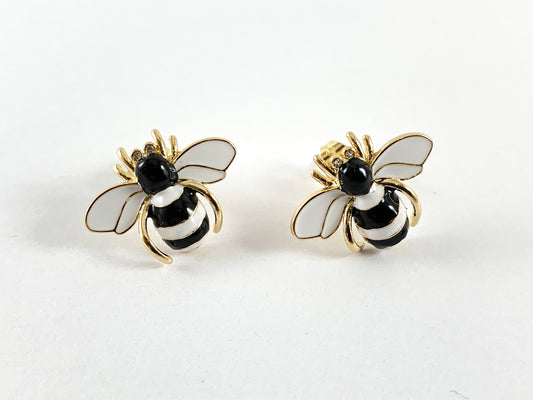 Real 18K Gold Plated Enamel Black and White Bee Earring Post Over Copper 4pairs