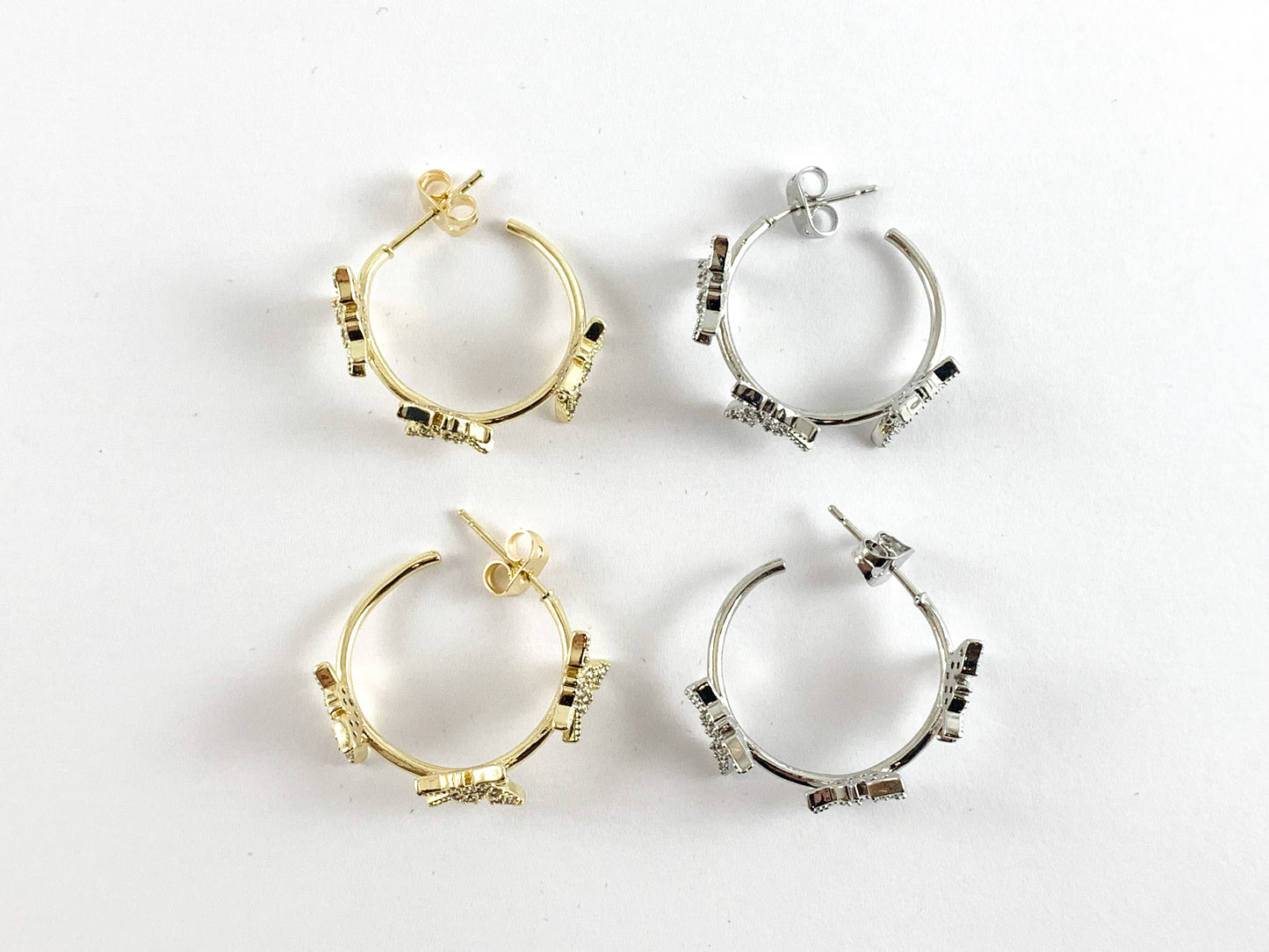 Real 18K Gold/Platinum Plated CZ Pave Butterfly Earring Hoop Component Over Copper 3pairs