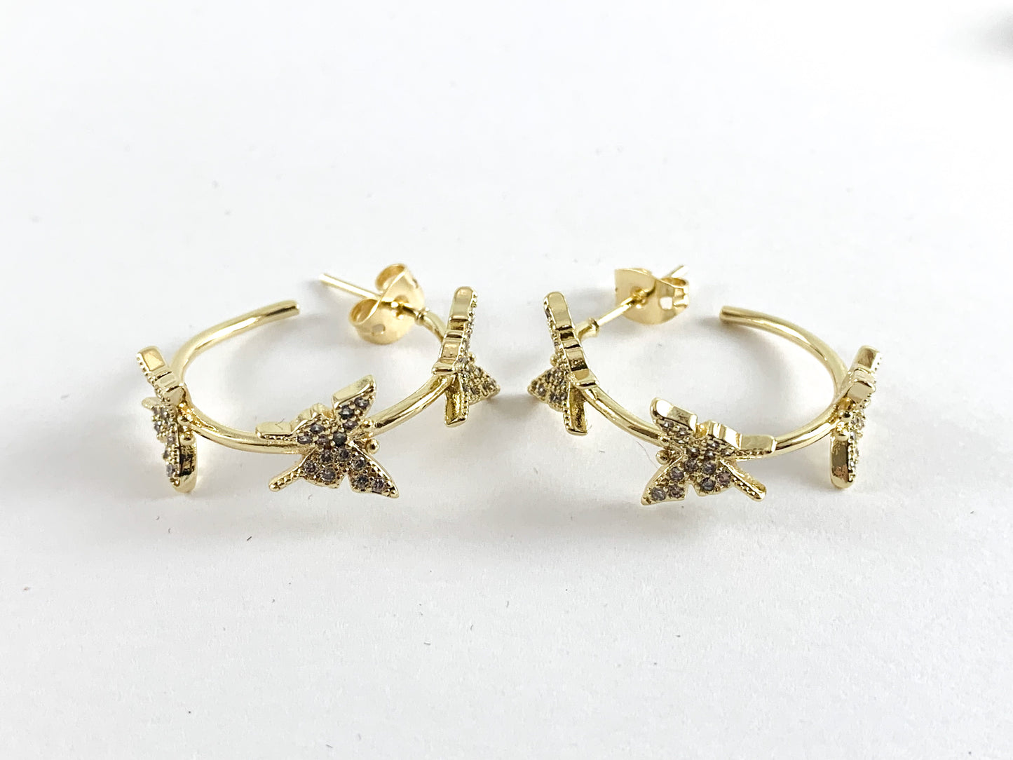 Real 18K Gold/Platinum Plated CZ Pave Butterfly Earring Hoop Component Over Copper 3pairs