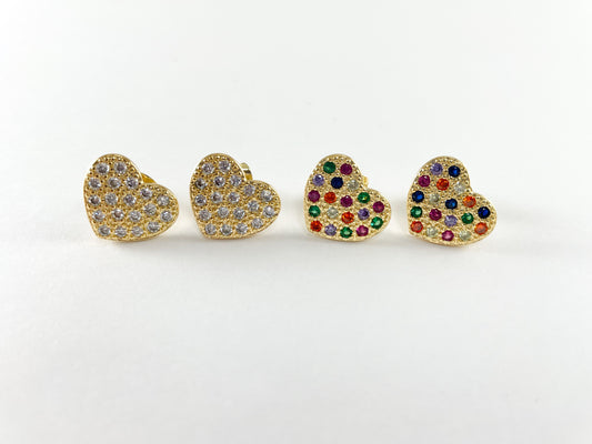 18K Gold Plated Copper Multi Clear CZ Pave Heart Studs 4pairs