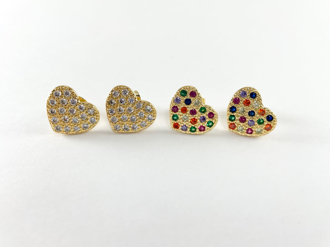 18K Gold Plated Copper Multi Clear CZ Pave Heart Studs 4pairs