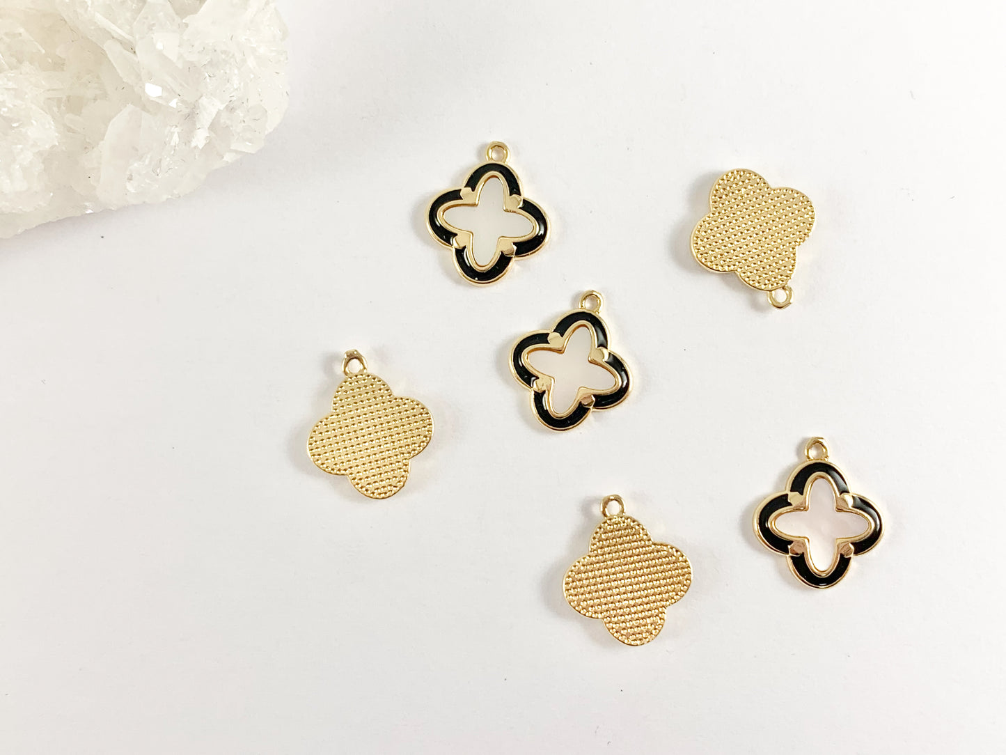 Gold Clover Charms in Shell Black Enamel Trim 18K Gold plated Copper 6 pcs