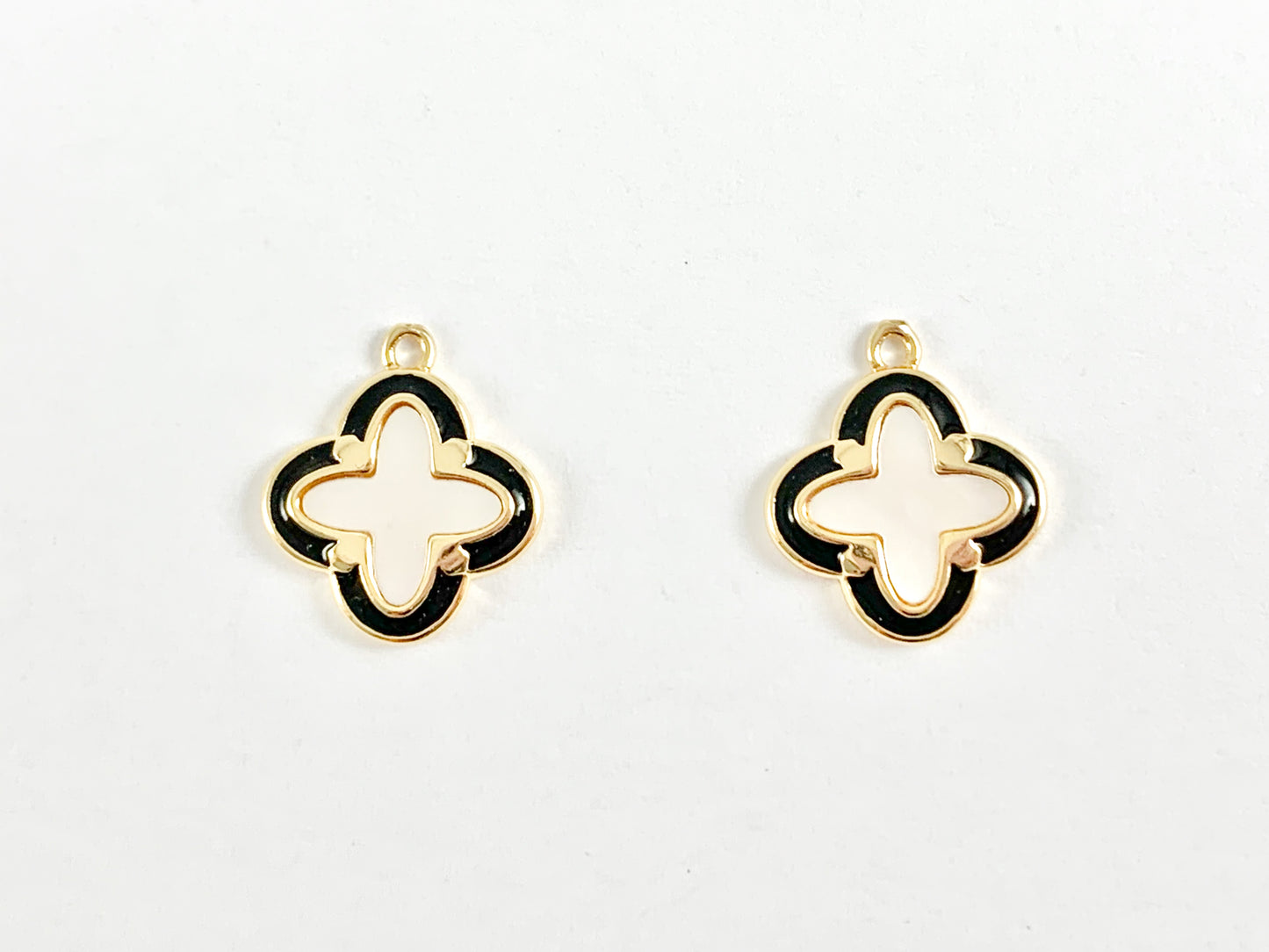 Gold Clover Charms in Shell Black Enamel Trim 18K Gold plated Copper 6 pcs