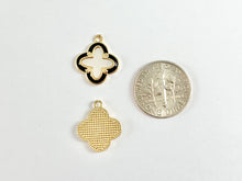 Load image into Gallery viewer, Gold Clover Charms in Shell Black Enamel Trim 18K Gold plated Copper 6 pcs
