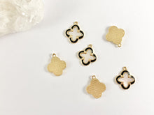 Load image into Gallery viewer, Gold Clover Charms in Shell Black Enamel Trim 18K Gold plated Copper 6 pcs
