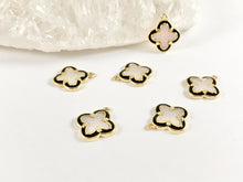 Load image into Gallery viewer, Gold Clover Charms in Shell Black Enamel Trim 18K Gold plated Copper 6 pcs
