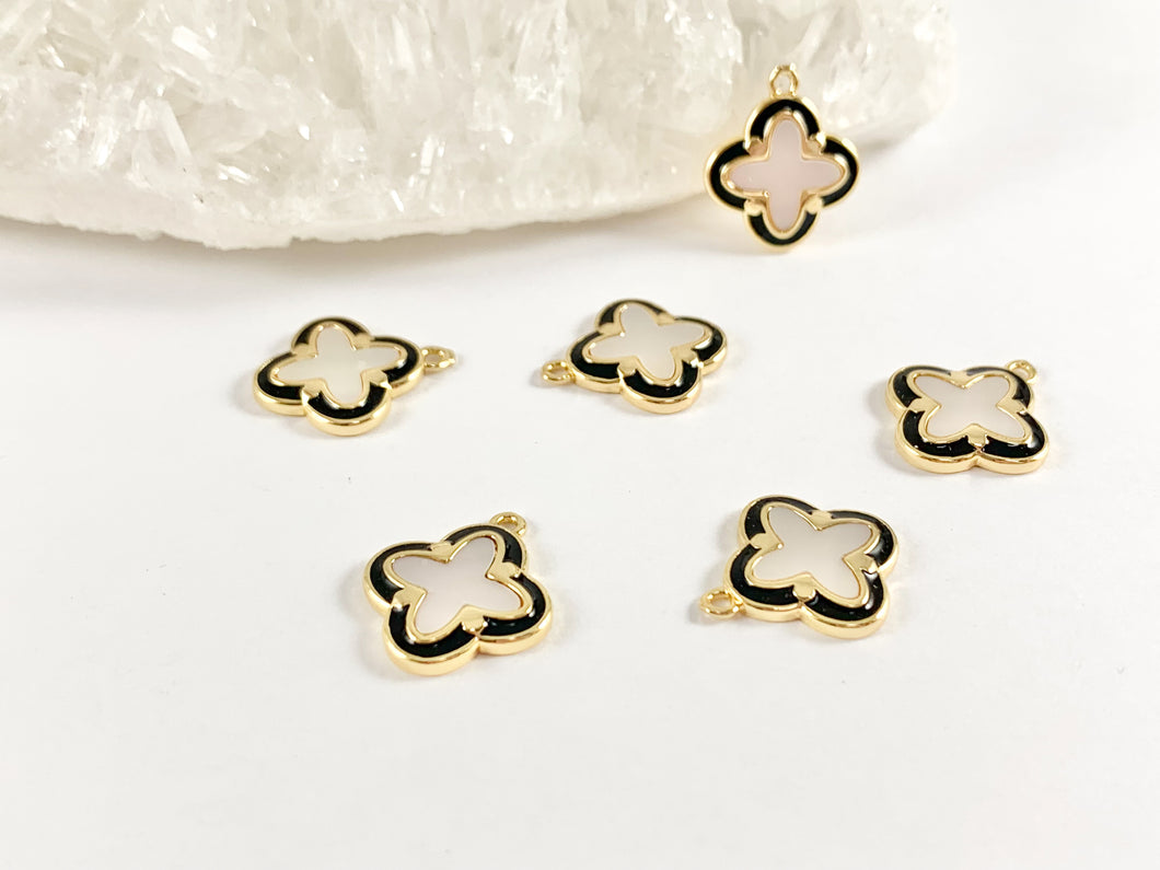 Gold Clover Charms in Shell Black Enamel Trim 18K Gold plated Copper 6 pcs