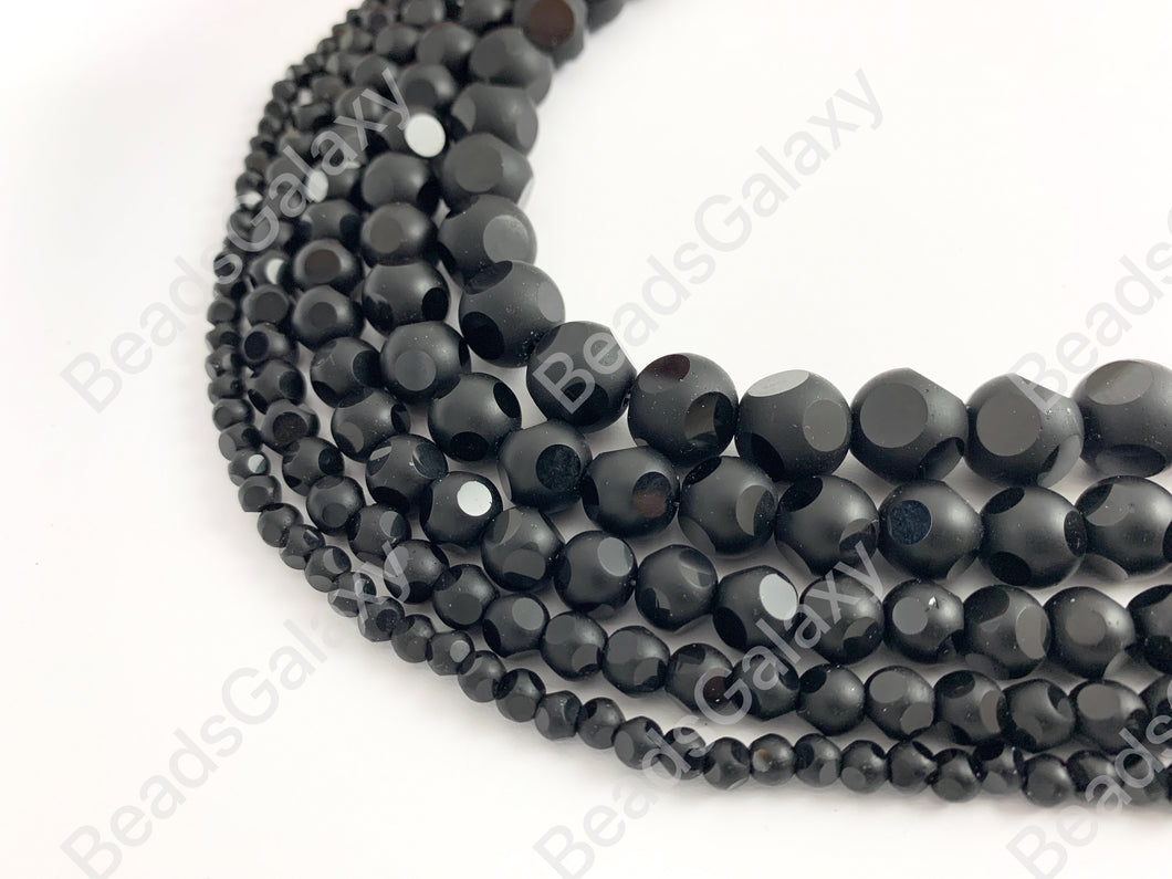 Black Disco Polka Dot Glass Beads - Faceted Round Matte Glass Around 15 inch Strands