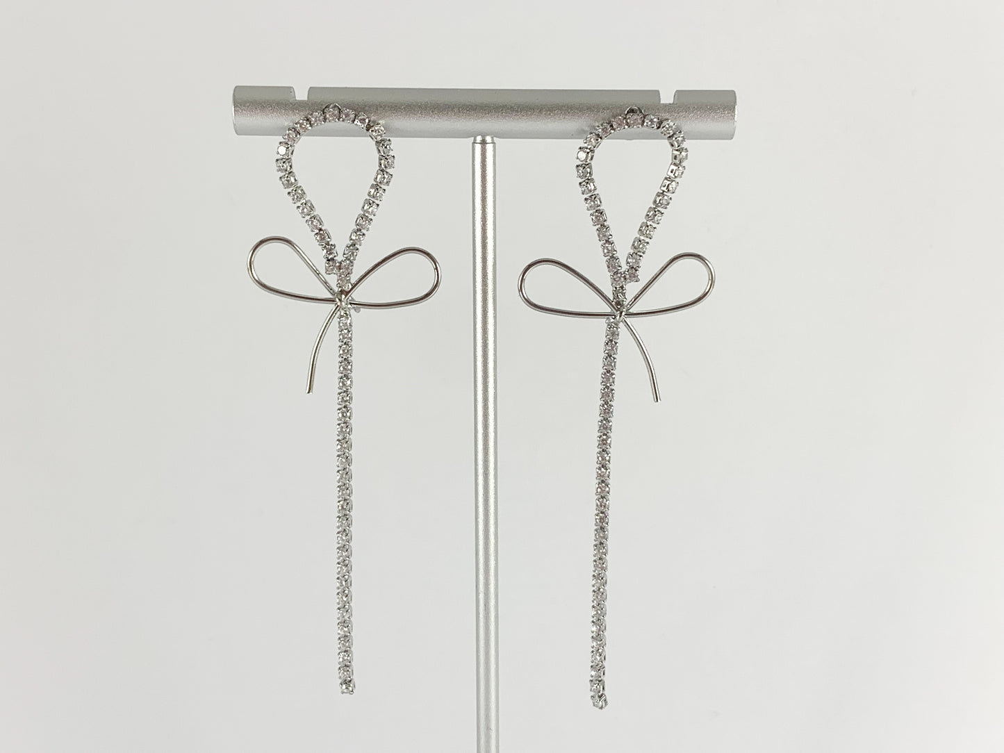 Real 18K Gold or Silver Plated CZ Pave Long Dainty Bowtie Box Chain Tennis Chain Earring Over Copper 1 pair