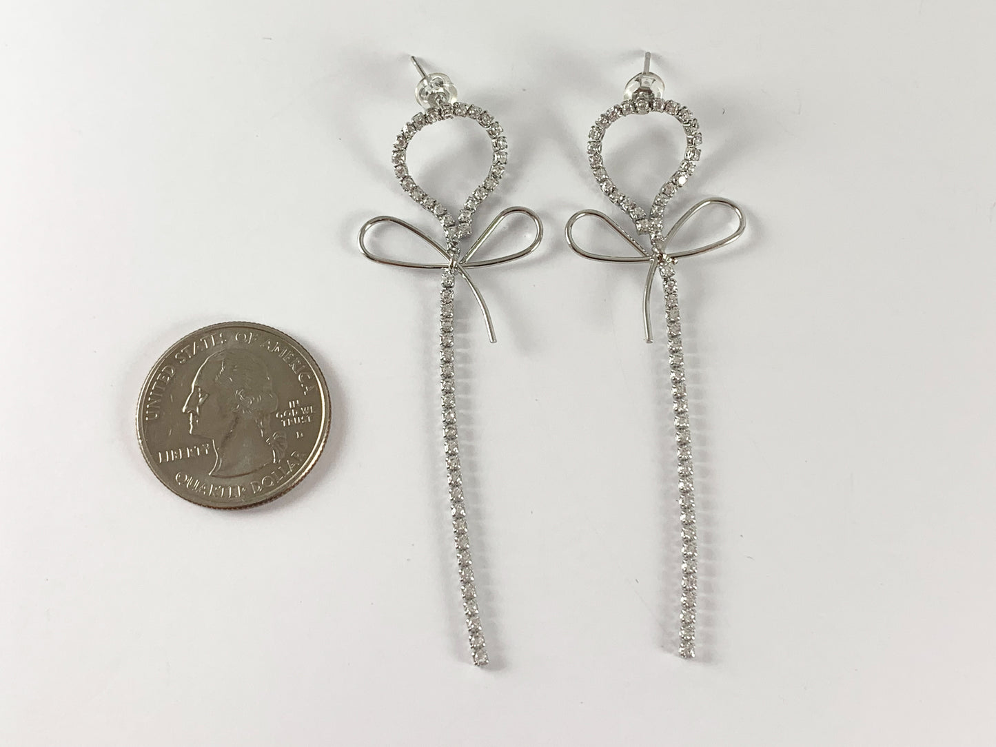 Real 18K Gold or Silver Plated CZ Pave Long Dainty Bowtie Box Chain Tennis Chain Earring Over Copper 1 pair