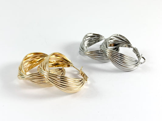 Real 18K Gold/Platinum Plated Bowtie Textured Twist Hoop Earring Over Copper 3 pairs