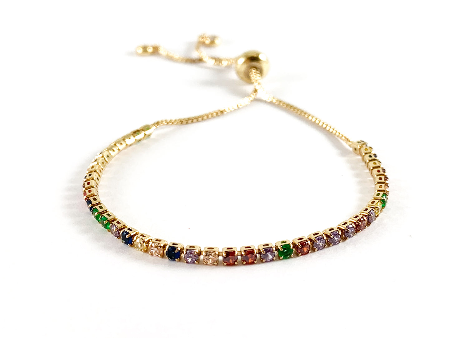 18K Gold/Platinum Plated Rainbow Multi Rhinestone Box Chain Dainty Slide Adjustable Bracelets 5pc