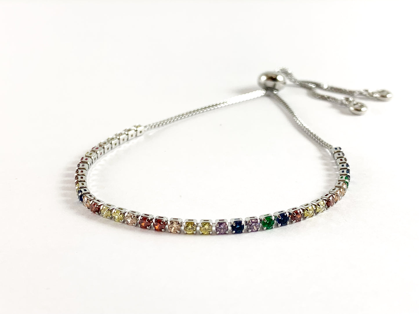 18K Gold/Platinum Plated Rainbow Multi Rhinestone Box Chain Dainty Slide Adjustable Bracelets 5pc