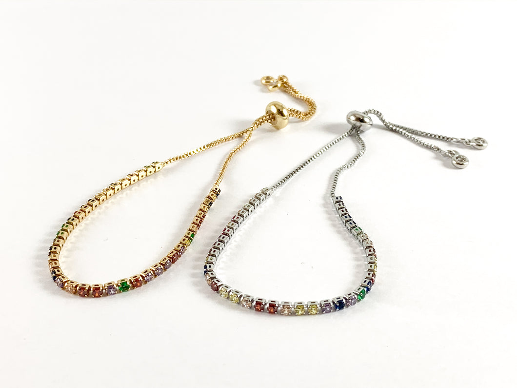 18K Gold/Platinum Plated Rainbow Multi Rhinestone Box Chain Dainty Slide Adjustable Bracelets 5pc