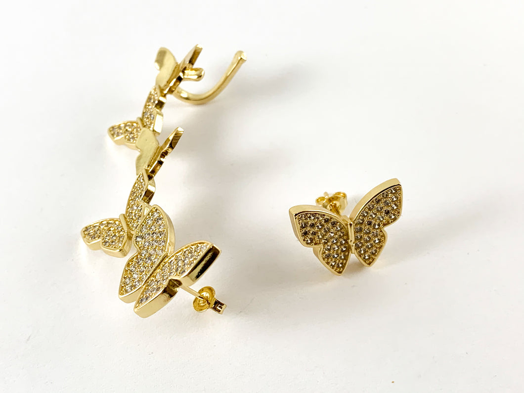 Real Gold 18K Plated Copper CZ Pave Butterfly Wrap Climber Earring Cuffs 1pair