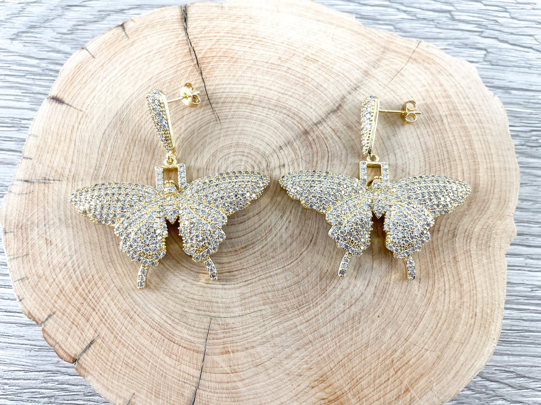 18K Gold/Platinum Plated CZ Pave Butterfly Earrings Over Copper 1 PAIR