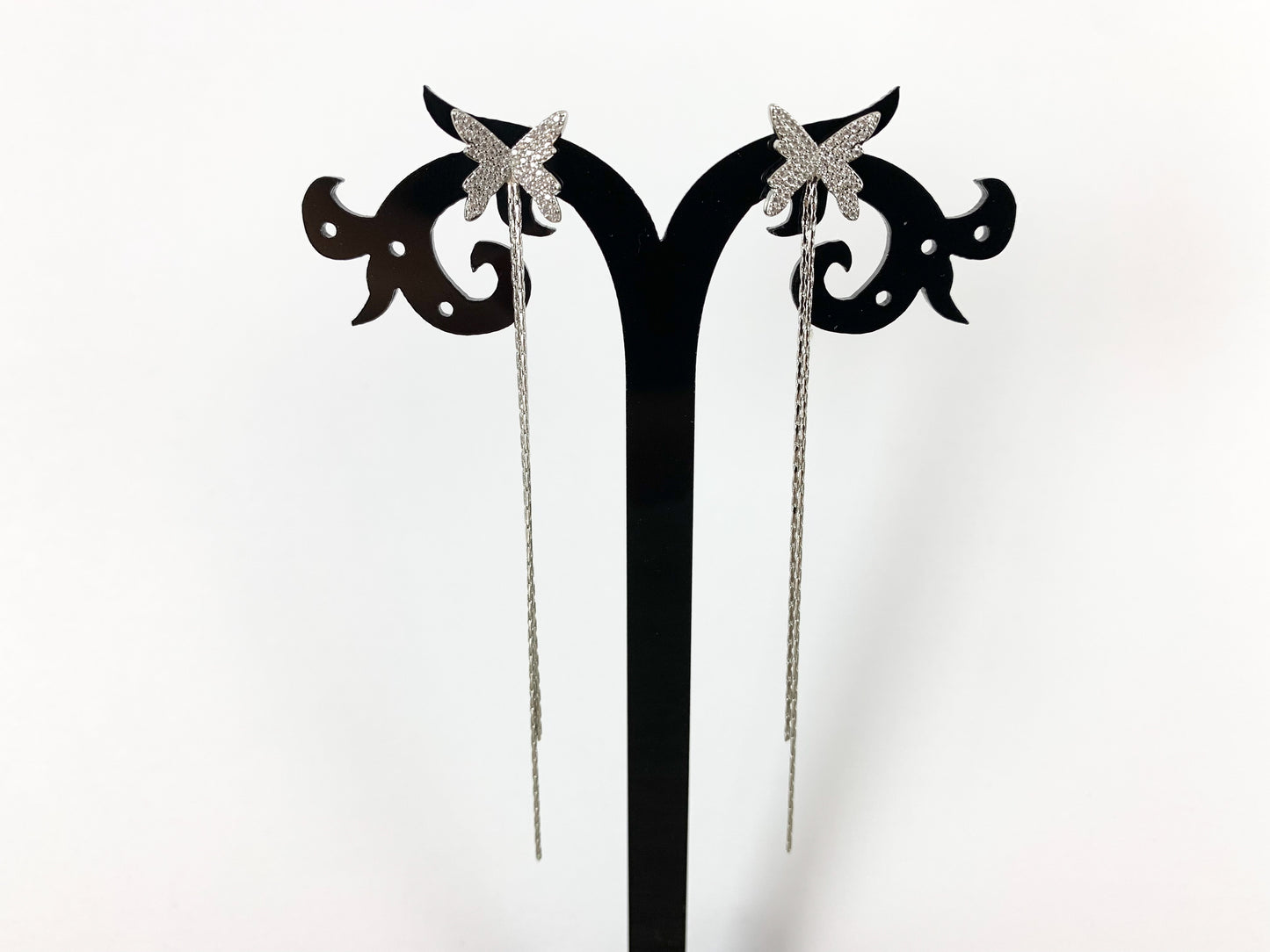 18K Gold/Platinum Plated CZ Pave Dainty Delicate Butterfly Fringe Tassel Earrings Over Copper 3pairs