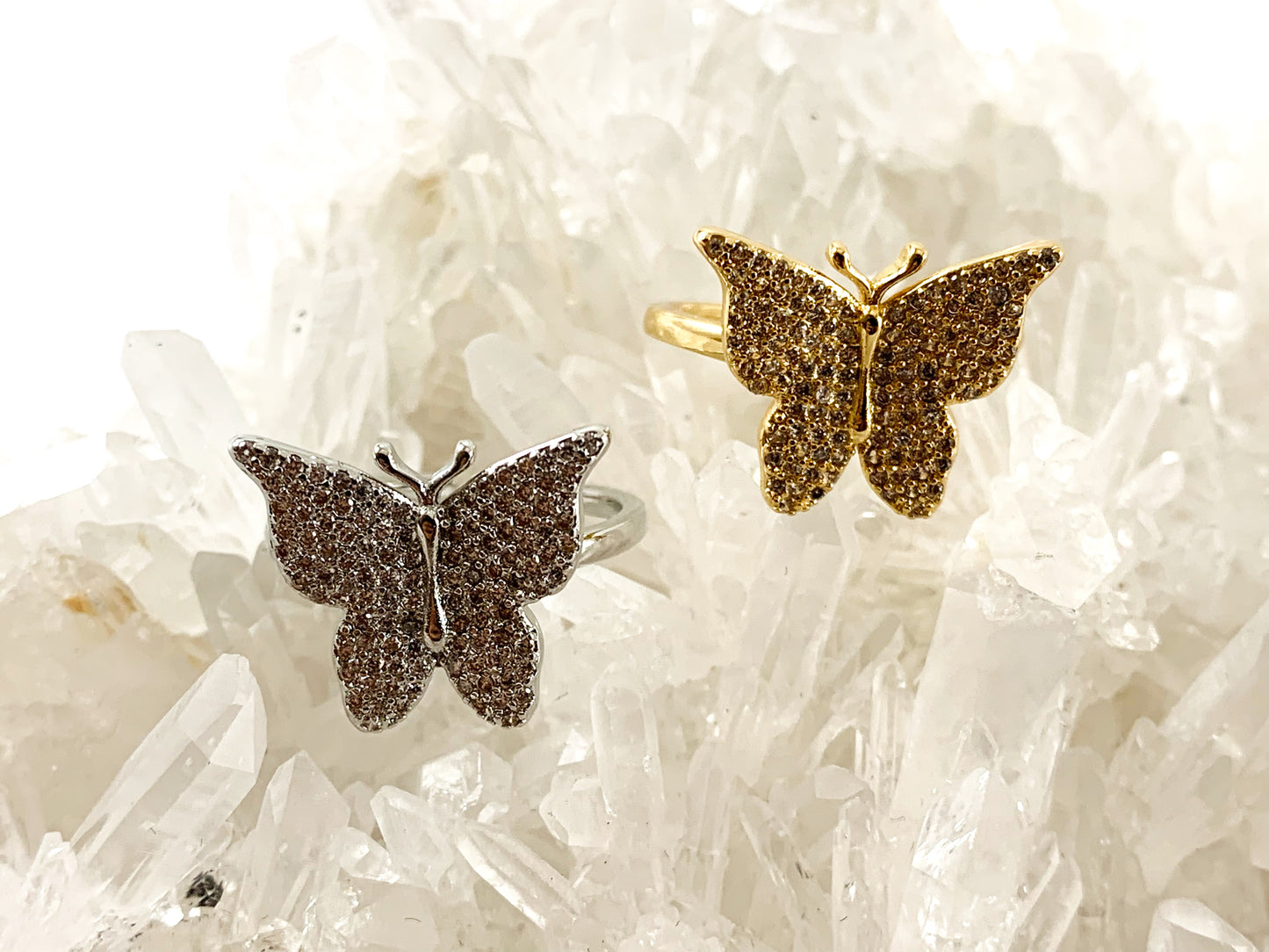 Real 18K Gold and Platinum Plated CZ Pave Adjustable Butterfly Ring