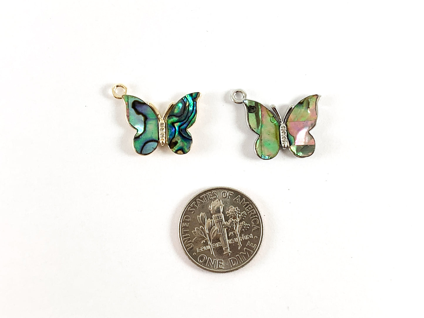 Real Gold/Platinum Plated 18K CZ Pave Abalone Butterfly Charm Pendant Over Copper 6pcs