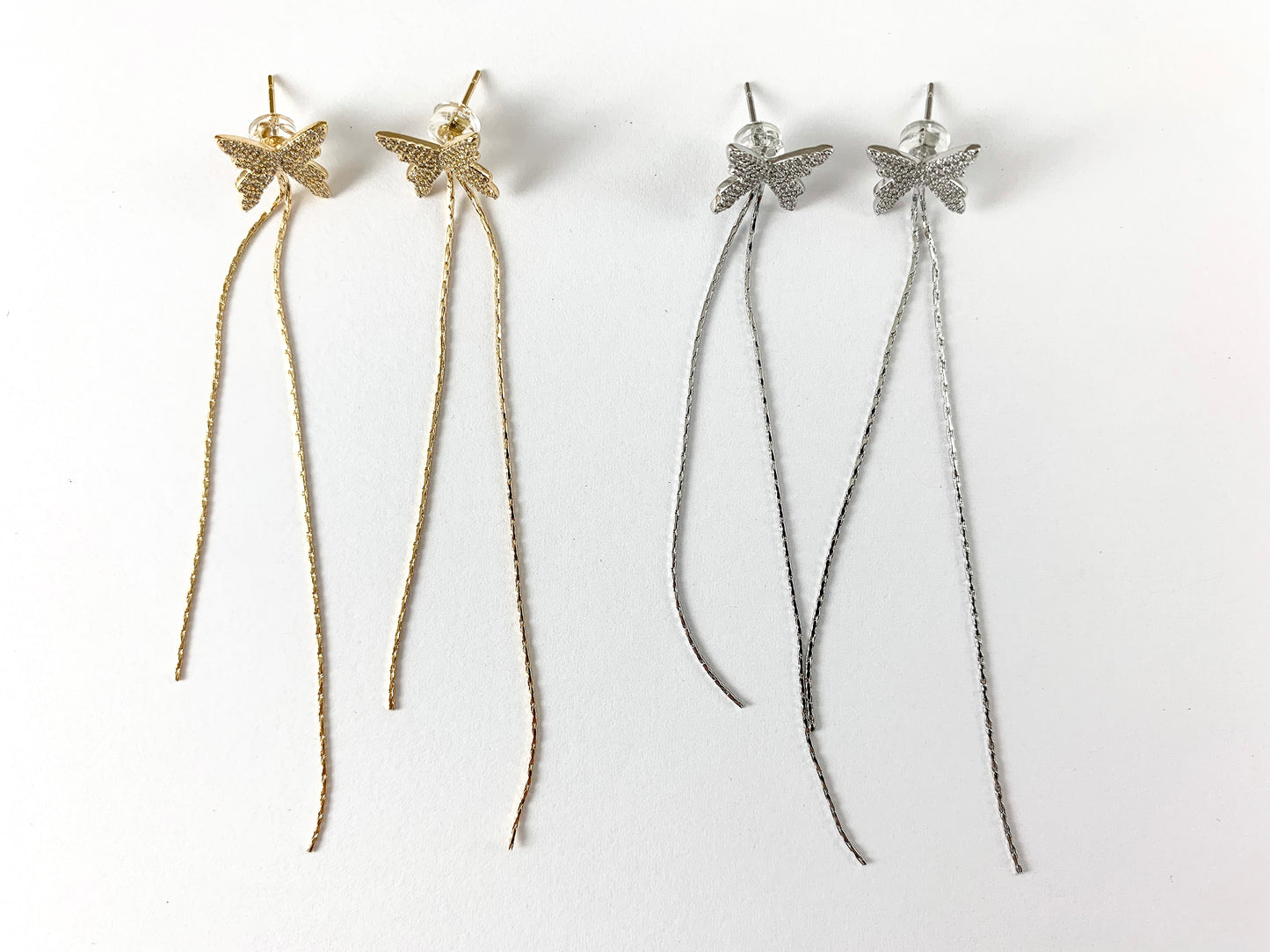 18K Gold/Platinum Plated CZ Pave Dainty Delicate Butterfly Fringe Tassel Earrings Over Copper 3pairs
