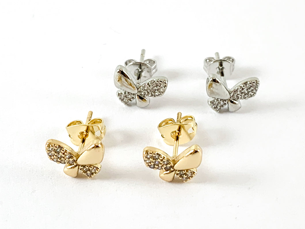 Real 18K Gold / Platinum Plated Pave Butterfly Earring Stud Over Copper 5pairs