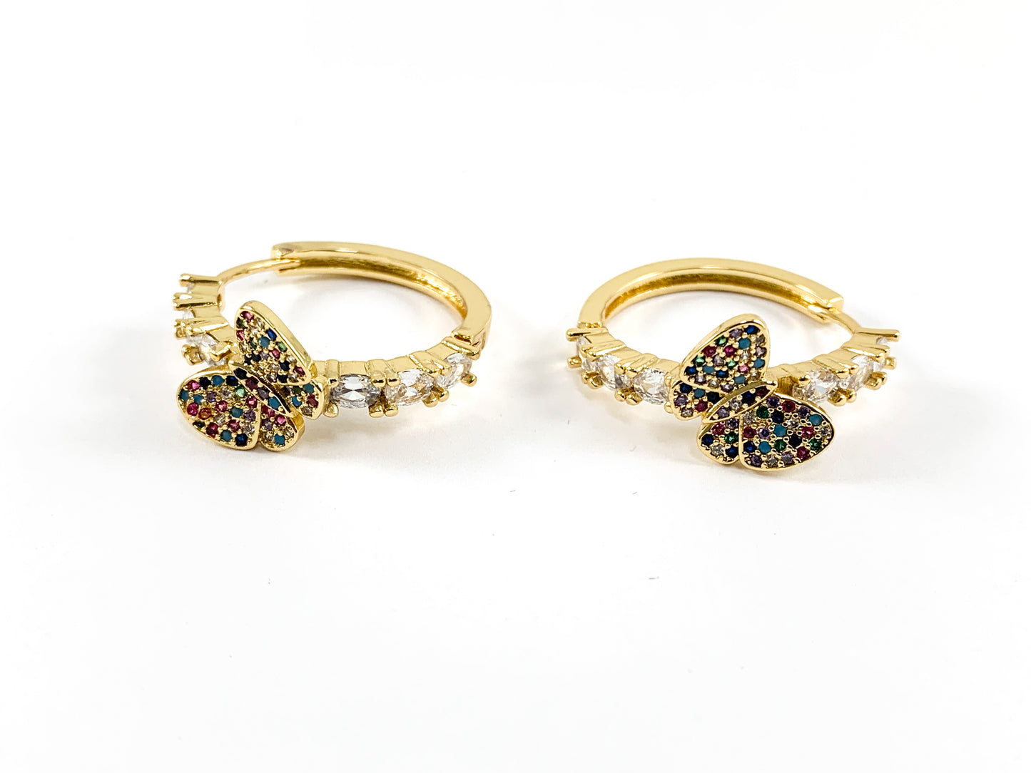 Real 18K Gold/Platinum Plated CZ Pave Butterfly Rhinestone Pretty Hoop Earring Over Copper 2 pairs