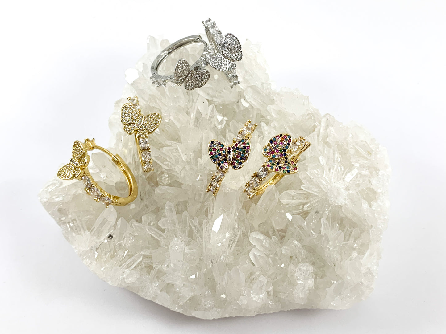 Real 18K Gold/Platinum Plated CZ Pave Butterfly Rhinestone Pretty Hoop Earring Over Copper 2 pairs