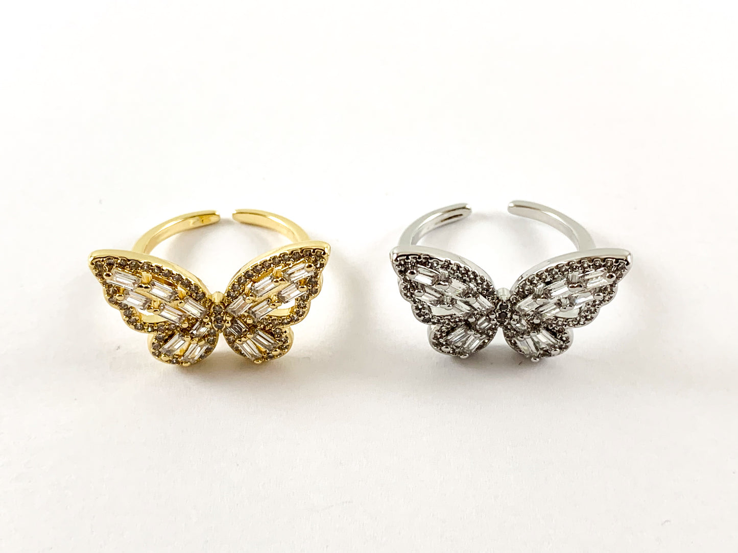 Real Gold 18K Plated/Platinum Plated Copper CZ Pave Clear/Multi Butterfly Statement Adjustable Ring 3pcs