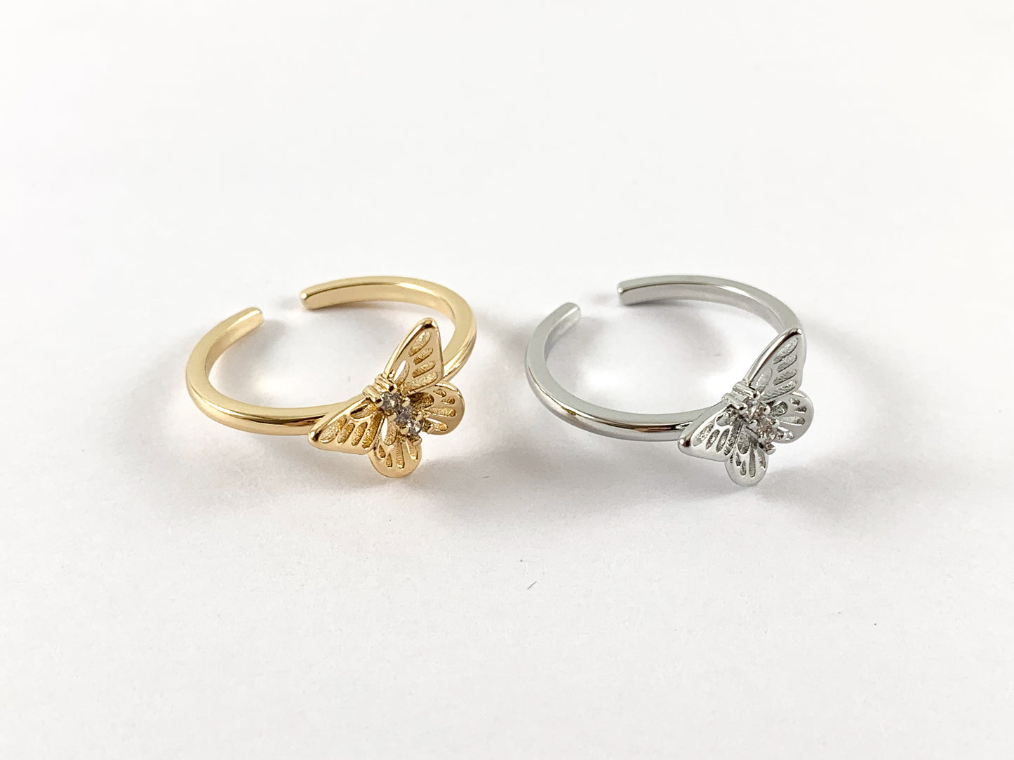 Real 18K Gold and Platinum Plated CZ Pave Adjustable Butterfly Ring 4pcs