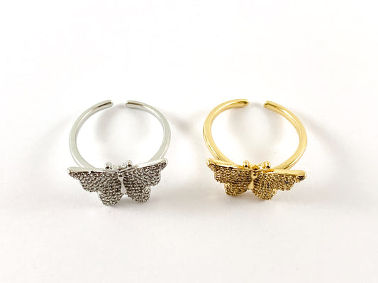 Real 18K Gold and Platinum Plated CZ Pave Adjustable Butterfly Ring