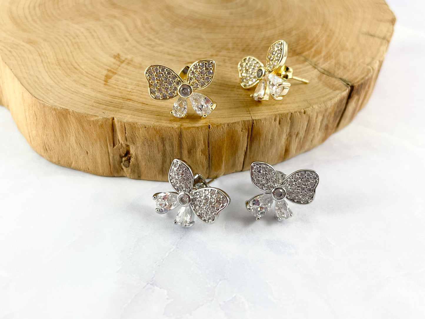 Real 18K Gold / Platinum Plated Pave Butterfly Earring Stud Over Copper 5pairs