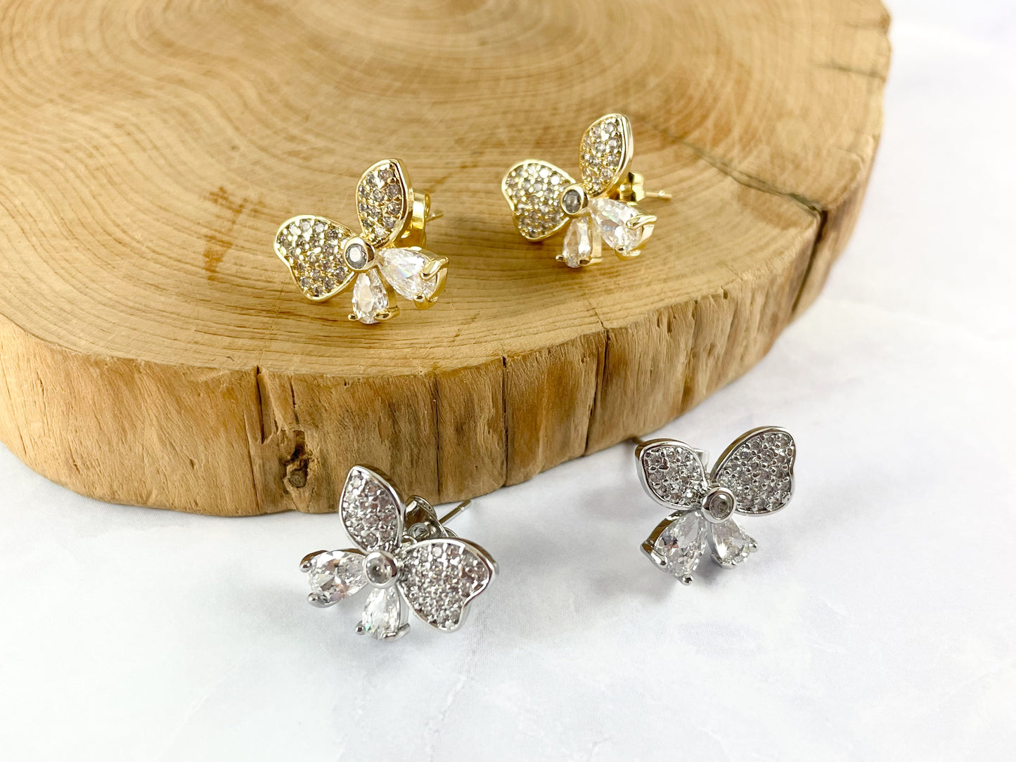 Real 18K Gold / Platinum Plated Pave Butterfly Earring Stud Over Copper 5pairs